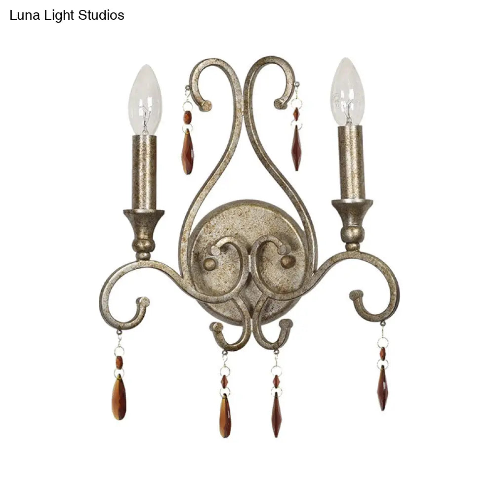 DecorBites™ French Country Iron Candle Wall Sconce with Crystal Deco - Aged Silver 2-Light Fixture