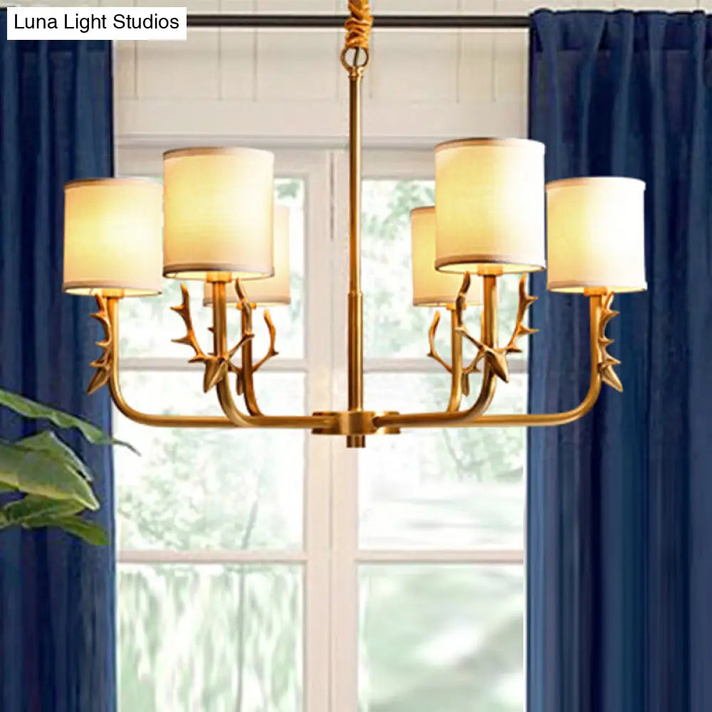 DecorBites™ Gold Nordic Cylindrical Chandelier with Antler Deco - Fabric Suspension Light for Living Room