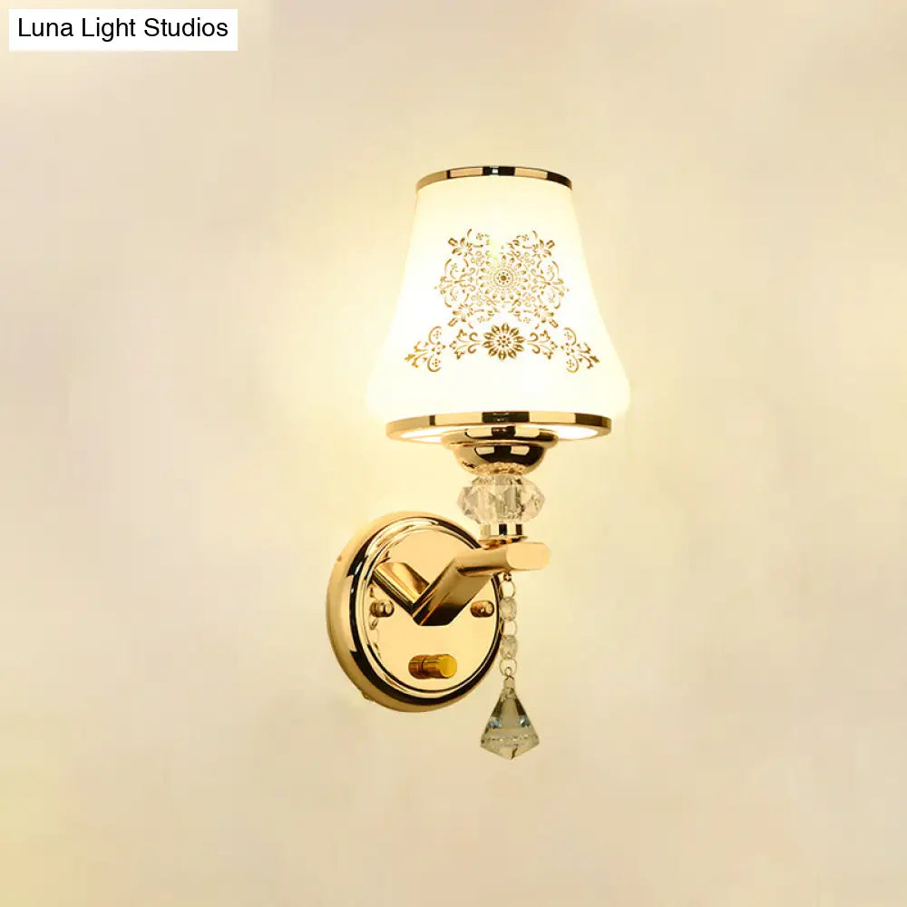 DecorBites™ Gold Wall Light with Crystal Accent and White Tapered Glass Shade