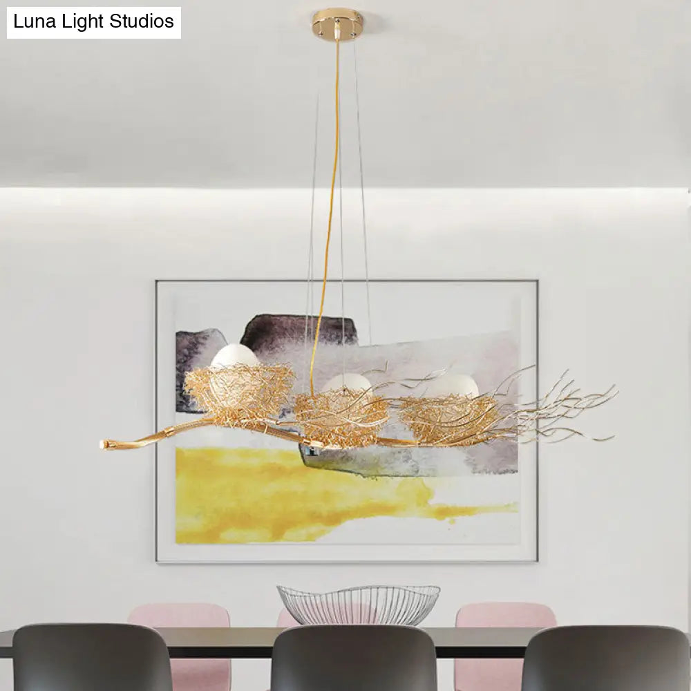 DecorBites™ Gold Wire Mesh Bird Nest Chandelier - Modern 3-Light Island Lighting for Restaurants
