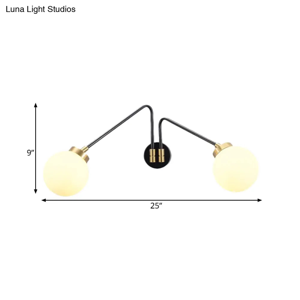 DecorBites™ Hand Blown Milk Glass Bedside Wall Mount Sconce - Minimalistic Angled Arm Design with 2 Bulbs in Black
