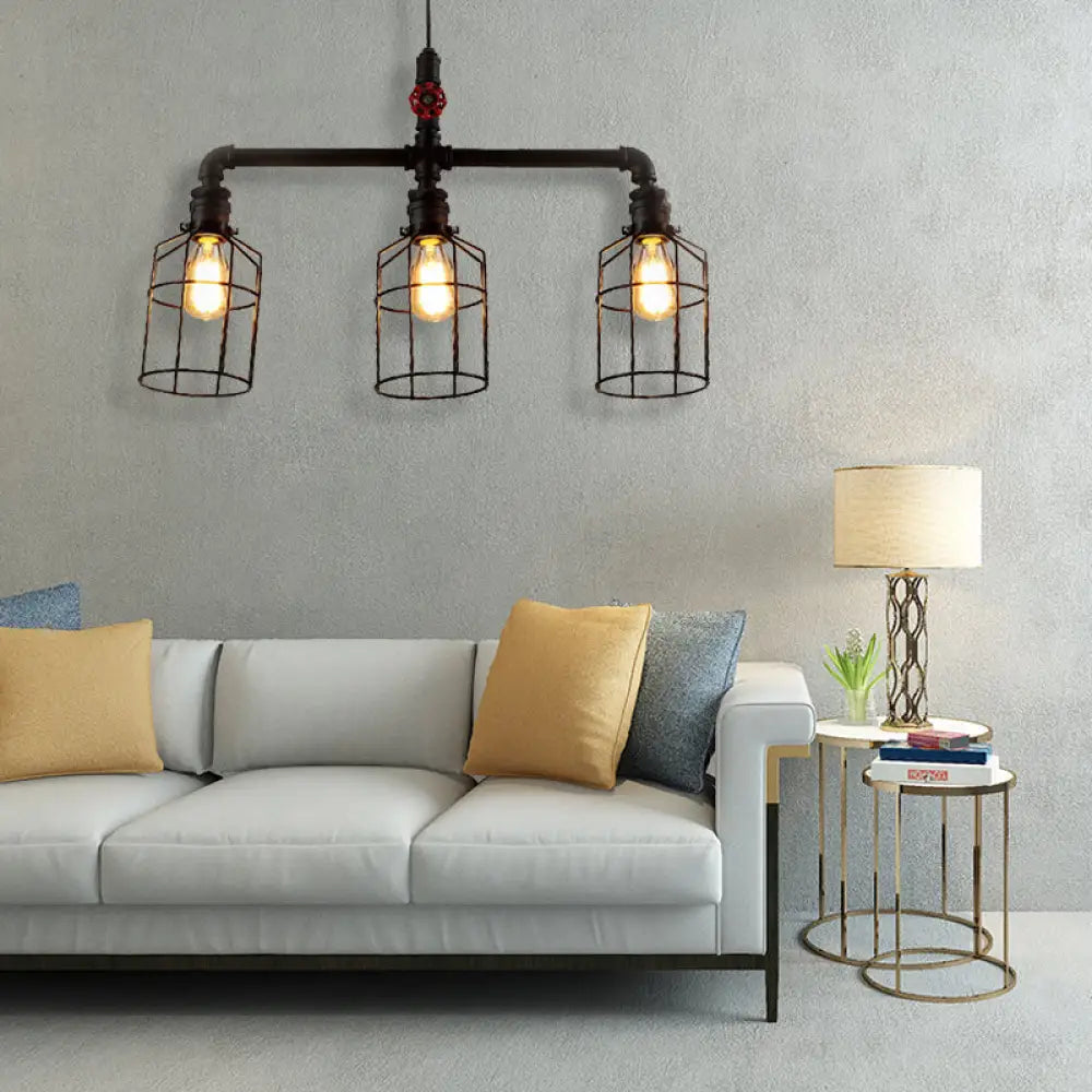 DecorBites™ Hanging Rustic Wire Guard Pendant Light - 2/3 Lights, Wrought Iron, Aged Silver/Black