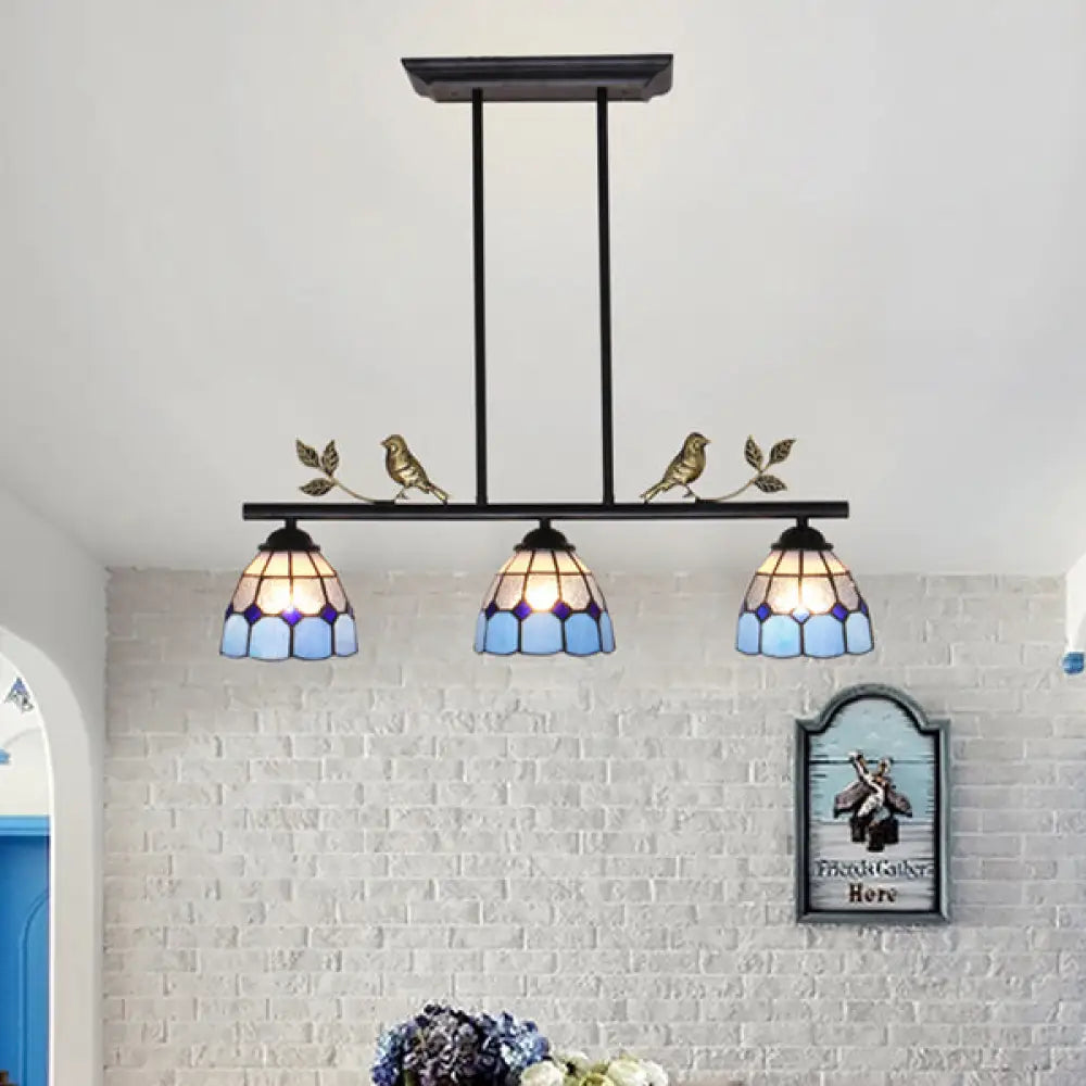DecorBites™ Indoor Island Pendant Light - Tiffany Style Antique Brass/Black/Blue - Dome Stainless Glass Shade - Pack of 3 Bulbs
