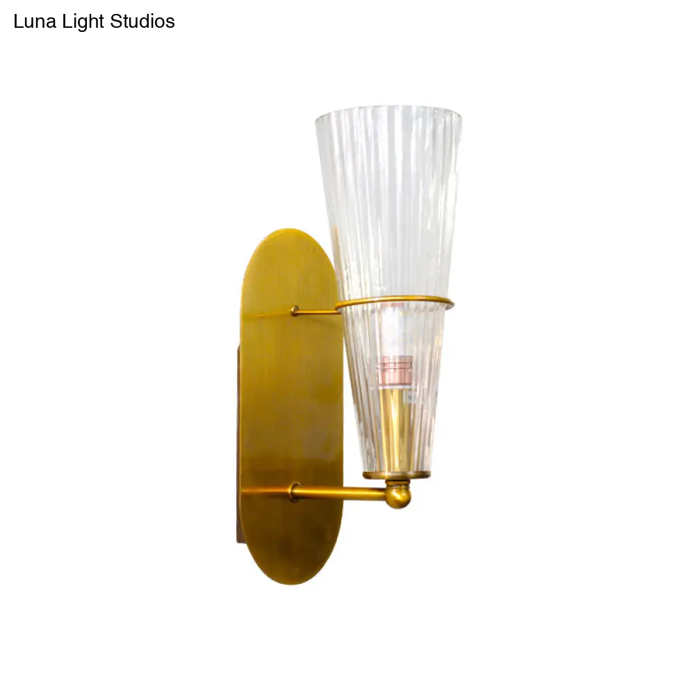DecorBites™ Indoor Mid Century Modern Brass Cone Wall Sconce with Clear Ribbed Glass – Single Light