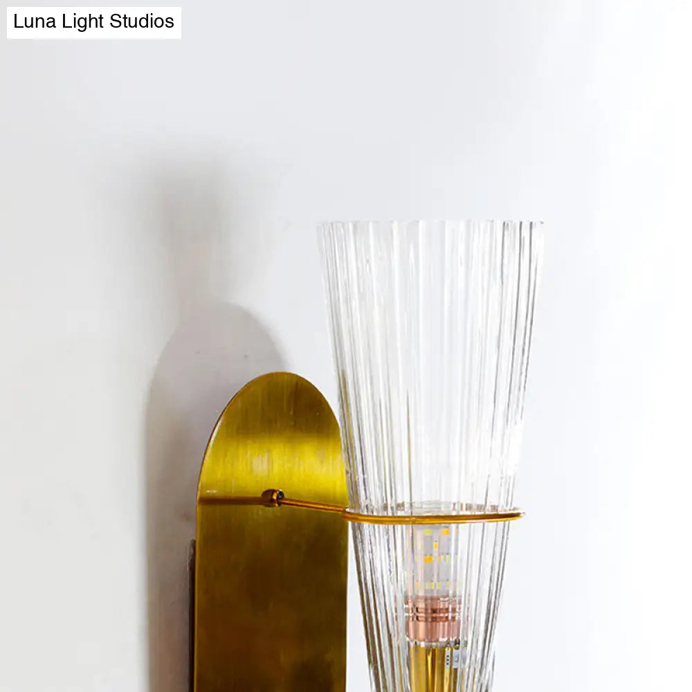 DecorBites™ Indoor Mid Century Modern Brass Cone Wall Sconce with Clear Ribbed Glass – Single Light