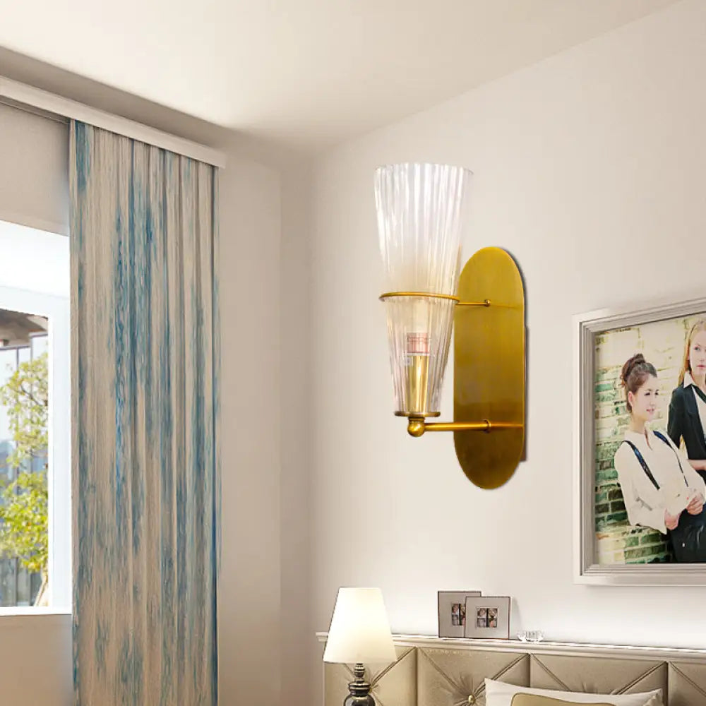 DecorBites™ Indoor Mid Century Modern Brass Cone Wall Sconce with Clear Ribbed Glass – Single Light