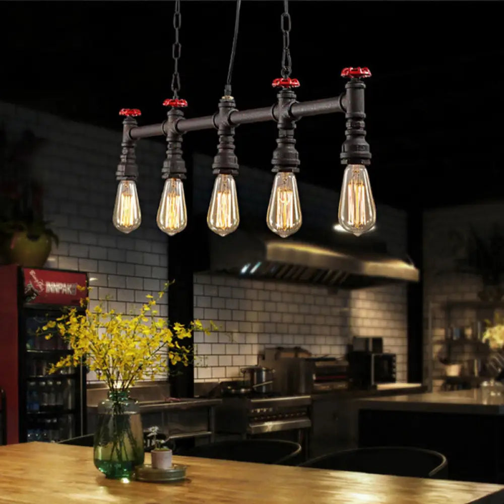 DecorBites™ Industrial 5-Head Iron Bare Bulb Island Lighting: Adjustable Ceiling Light Fixture for Dining Room with Pipe and Valve