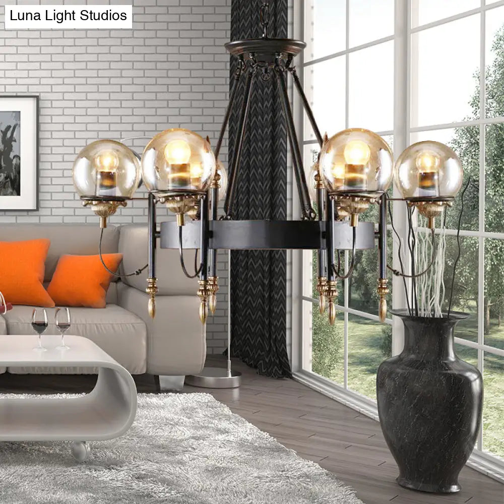 DecorBites™ Industrial 6-Light Clear Glass Globe Chandelier with Clock Detail - Modern Pendant Light for Living Room