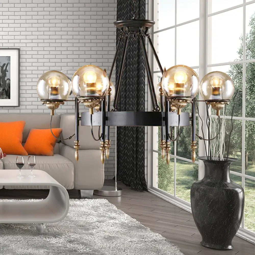 DecorBites™ Industrial 6-Light Clear Glass Globe Chandelier with Clock Detail - Modern Pendant Light for Living Room