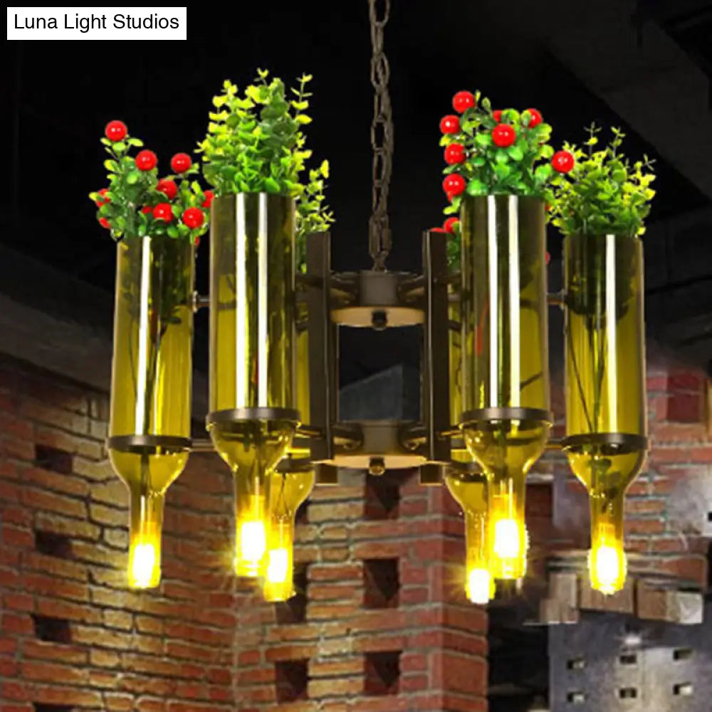 DecorBites™ Industrial 6-Light Green Glass Wine Bottle Chandelier: Dining Room Pendant Lighting with Floral Design