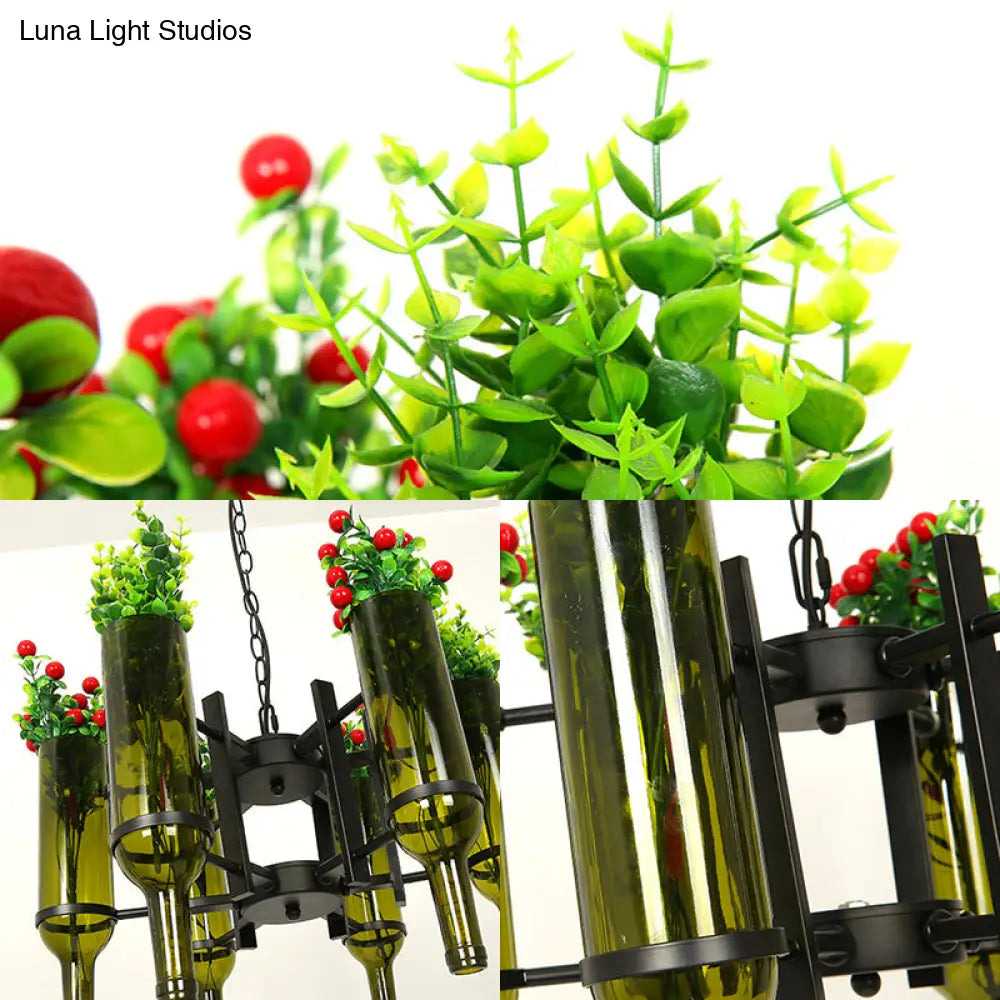 DecorBites™ Industrial 6-Light Green Glass Wine Bottle Chandelier: Dining Room Pendant Lighting with Floral Design