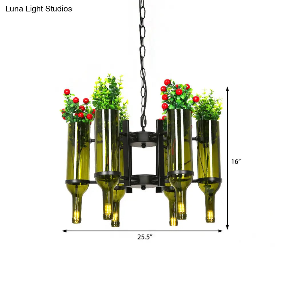 DecorBites™ Industrial 6-Light Green Glass Wine Bottle Chandelier: Dining Room Pendant Lighting with Floral Design