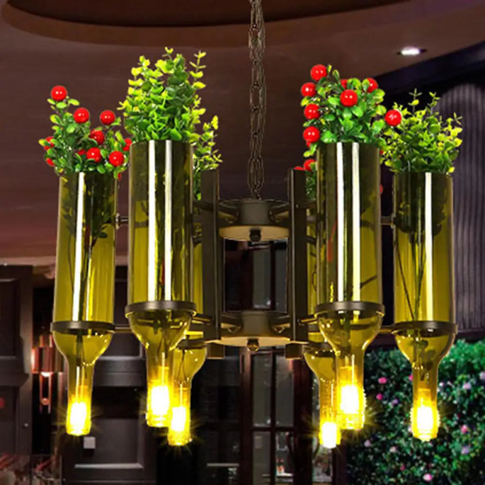 DecorBites™ Industrial 6-Light Green Glass Wine Bottle Chandelier: Dining Room Pendant Lighting with Floral Design