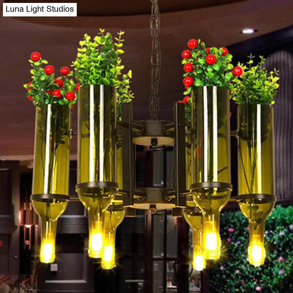 DecorBites™ Industrial 6-Light Green Glass Wine Bottle Chandelier: Dining Room Pendant Lighting with Floral Design