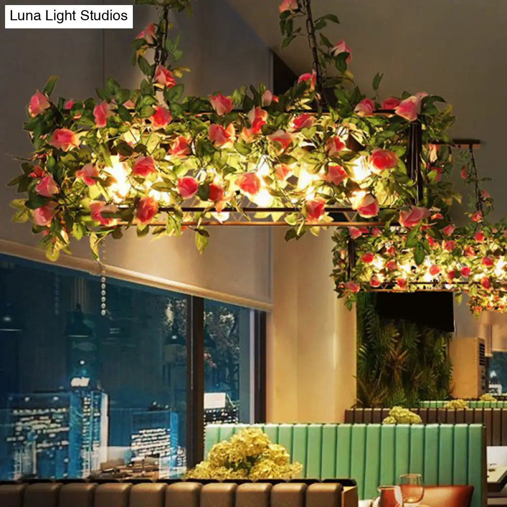 DecorBites™ Industrial Black Metal Island Lamp with 4-Light Rectangle Design and Stylish Faux Plant Decor