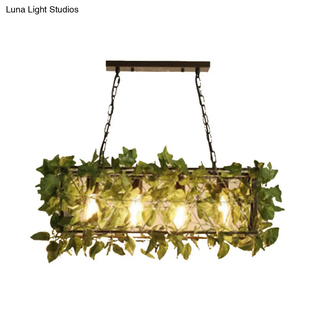 DecorBites™ Industrial Black Metal Island Lamp with 4-Light Rectangle Design and Stylish Faux Plant Decor