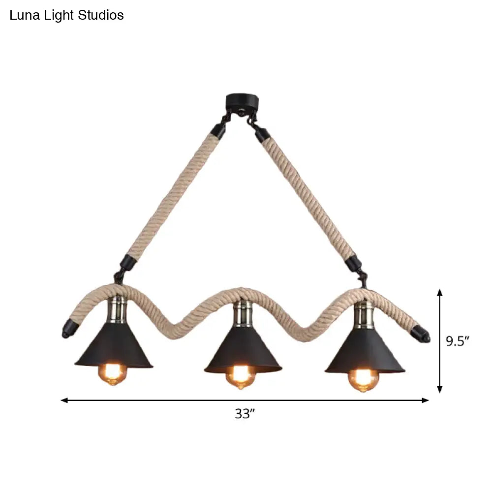 DecorBites™ Industrial Hemp Pendant Lamp - Black/Brown, Wavy Design, 3 Heads