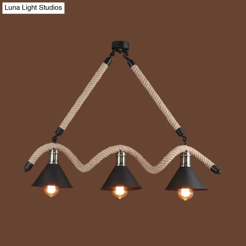DecorBites™ Industrial Hemp Pendant Lamp - Black/Brown, Wavy Design, 3 Heads