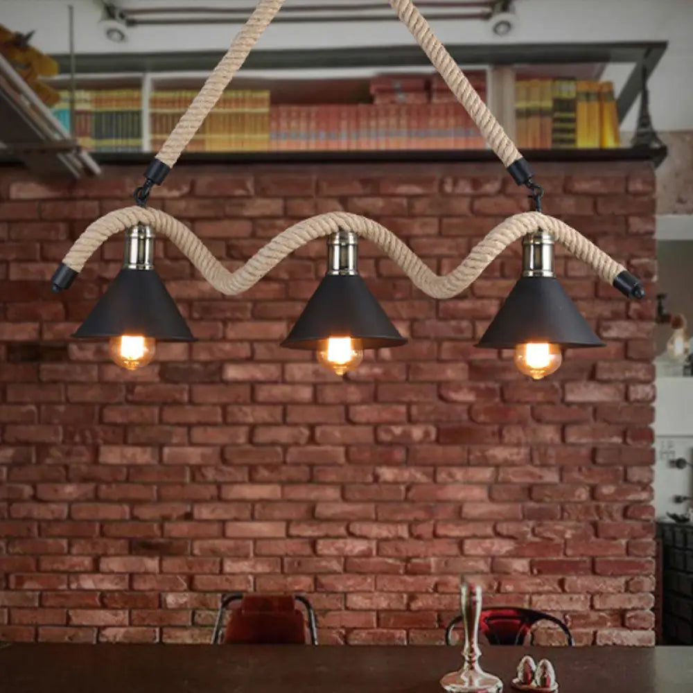 DecorBites™ Industrial Hemp Pendant Lamp - Black/Brown, Wavy Design, 3 Heads