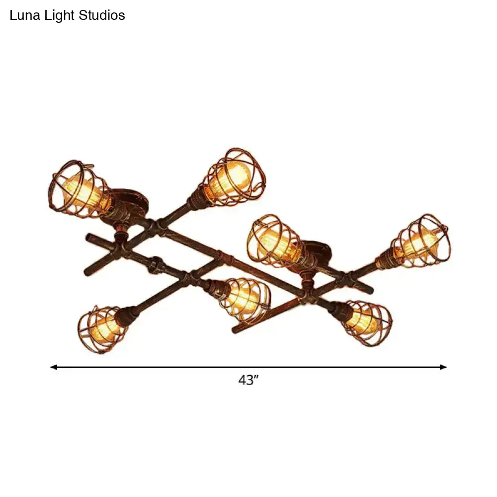 DecorBites™ Industrial Intersecting Piping Ceiling Light - Iron Semi Flush Mounted with Cage Guard, Brass Finish (4/5/8 Heads)