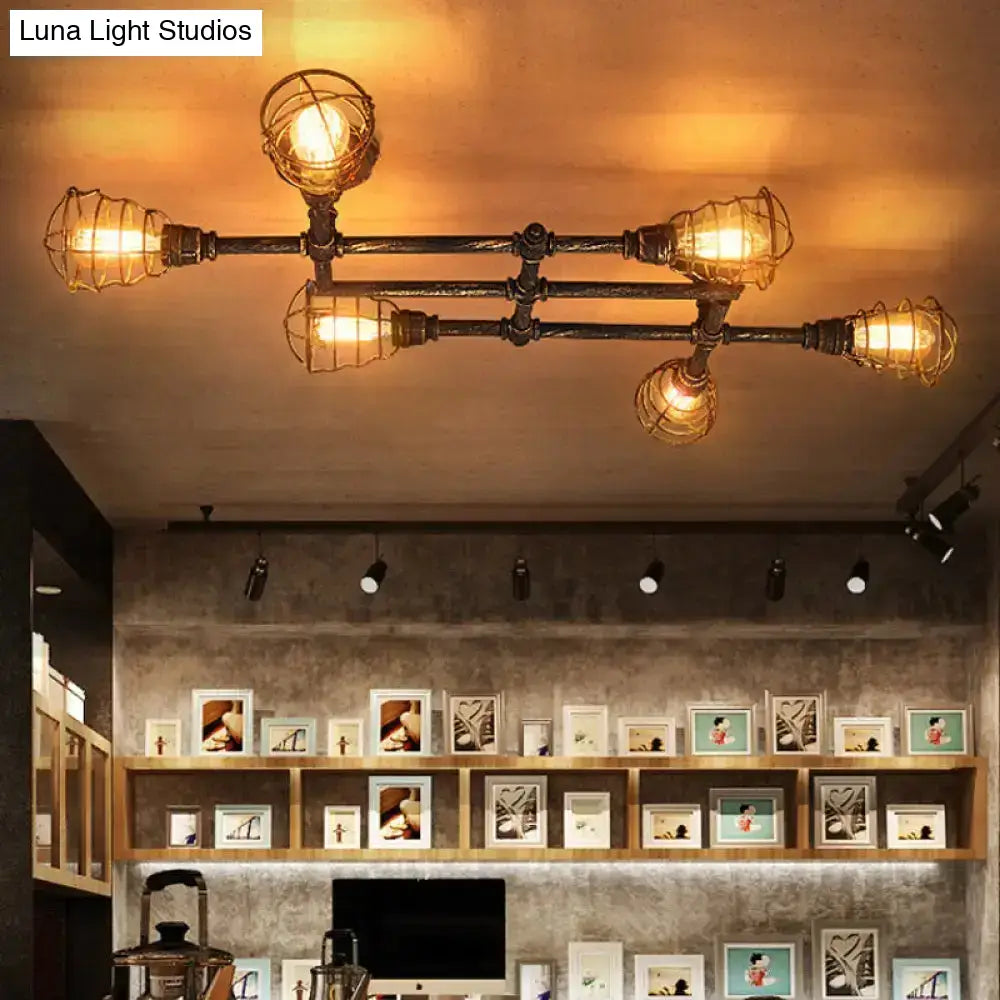 DecorBites™ Industrial Intersecting Piping Ceiling Light - Iron Semi Flush Mounted with Cage Guard, Brass Finish (4/5/8 Heads)