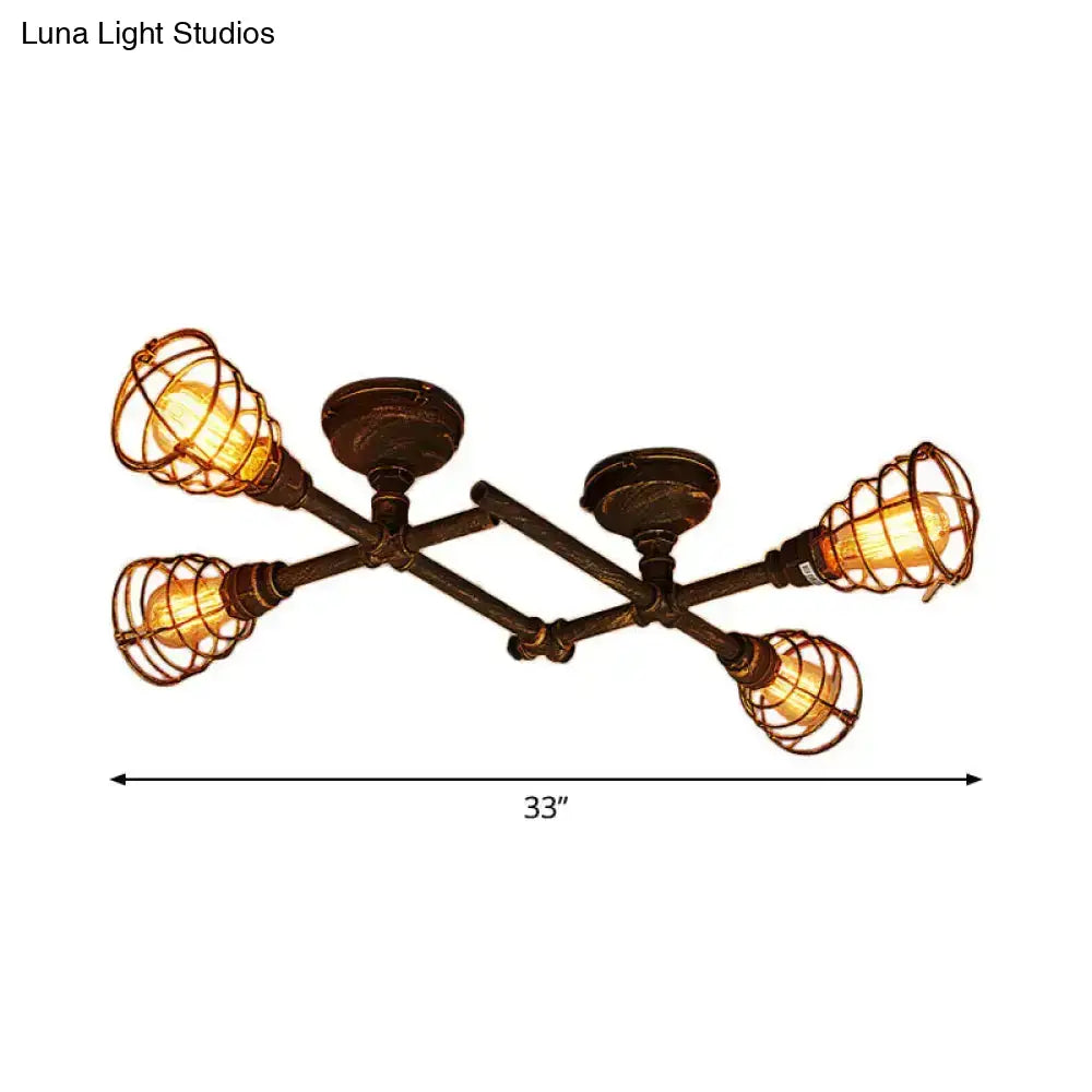 DecorBites™ Industrial Intersecting Piping Ceiling Light - Iron Semi Flush Mounted with Cage Guard, Brass Finish (4/5/8 Heads)