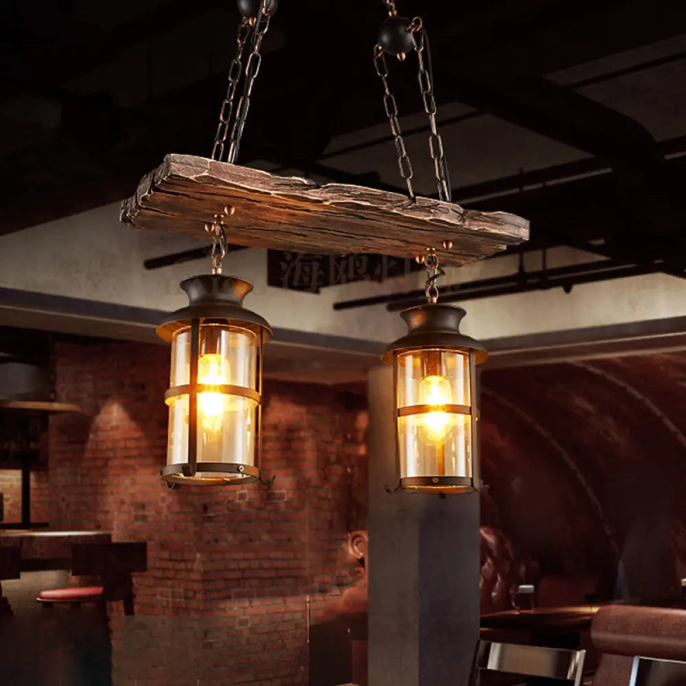 DecorBites™ Industrial Lantern Pendant Light with Clear Glass, Wood Decoration, and Cage Design - 2/3 Lights - Black