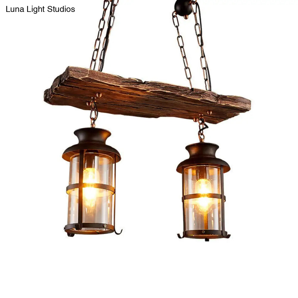 DecorBites™ Industrial Lantern Pendant Light with Clear Glass, Wood Decoration, and Cage Design - 2/3 Lights - Black