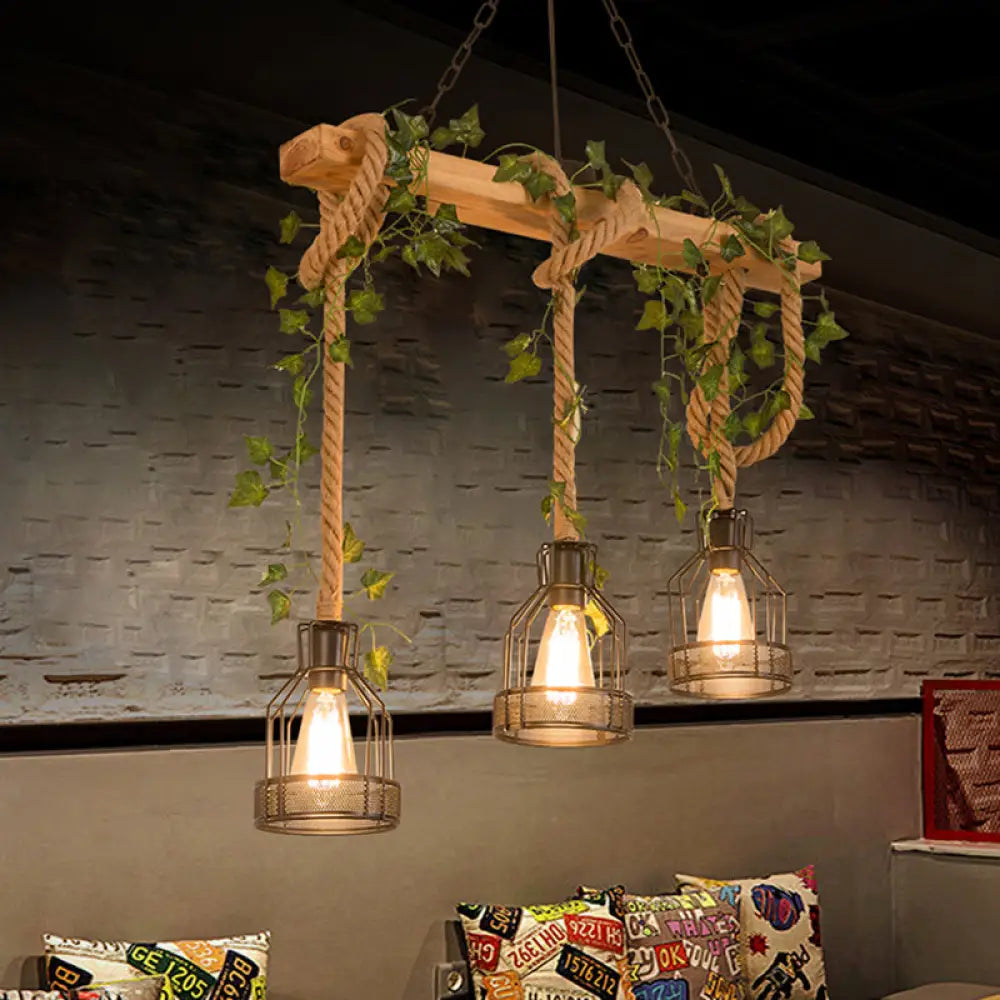 DecorBites™ Industrial Metal Caged Island Pendant Light with Rope Hanging Lamp - Brown