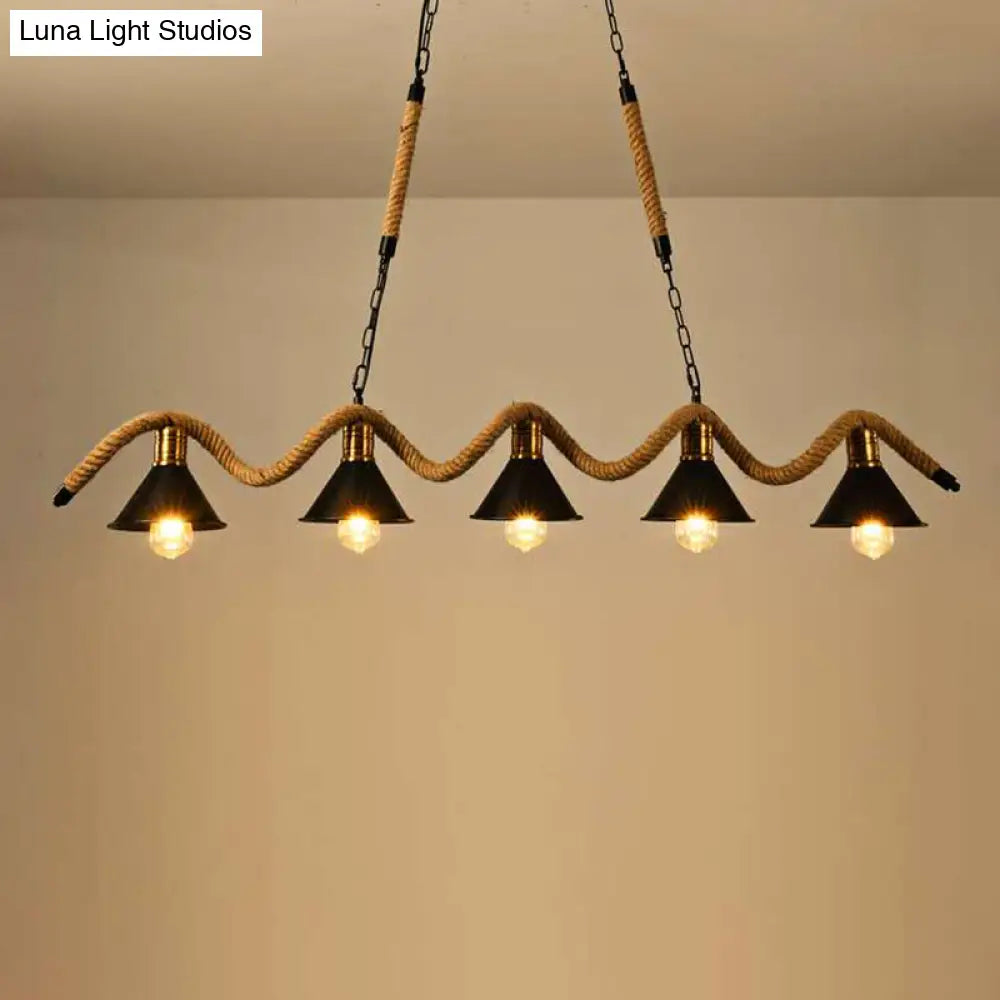 DecorBites™ Industrial Metal Conical Island Ceiling Light Bar Pendant with Wavy Hemp Rope - Black