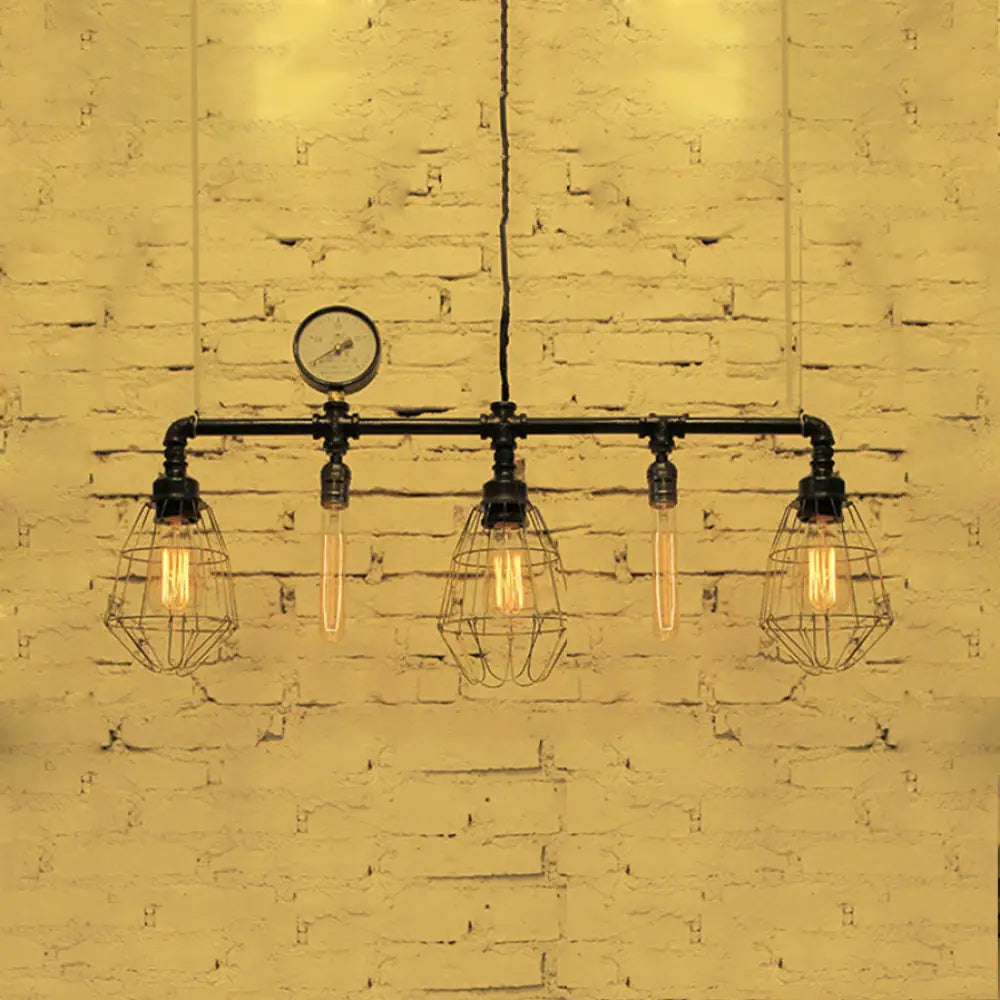 DecorBites™ Industrial Metal Piping Island Ceiling Light with Wire Guard - 5-Bulb Pendant Lighting for Dining Room, Black