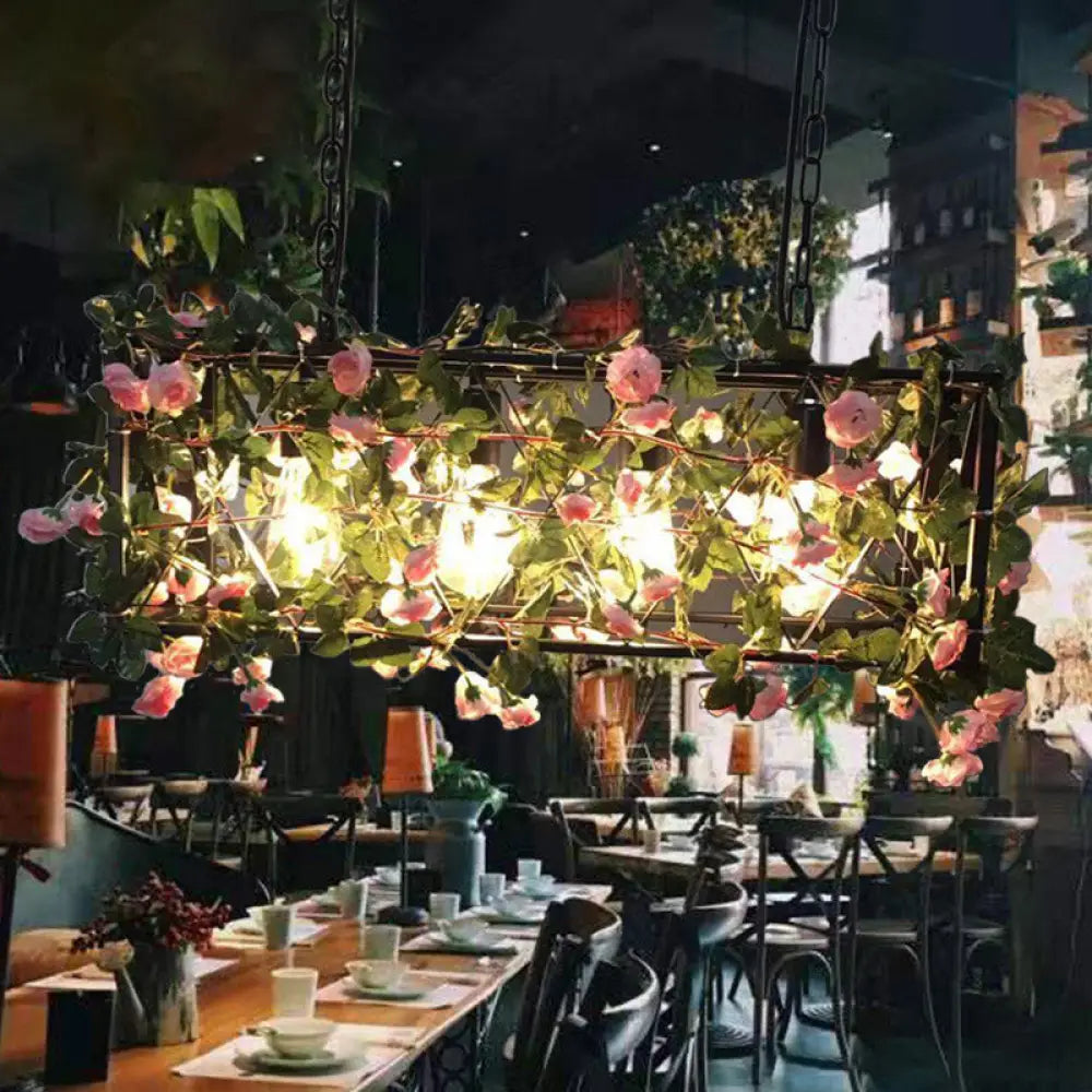 DecorBites™ Industrial Metal Rectangle LED Island Lamp - Black Finish, 4 Heads, Flower Design - for Restaurant