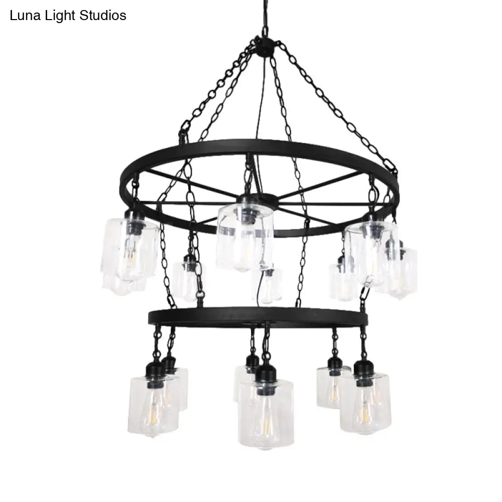 DecorBites™ Industrial Pendant Chandelier: 2-Tier Wheel Multi-Light Lamp with Clear Glass, Black Finish, and Cylinder Shade