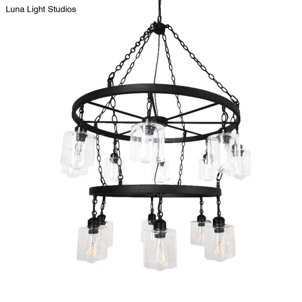 DecorBites™ Industrial Pendant Chandelier: 2-Tier Wheel Multi-Light Lamp with Clear Glass, Black Finish, and Cylinder Shade