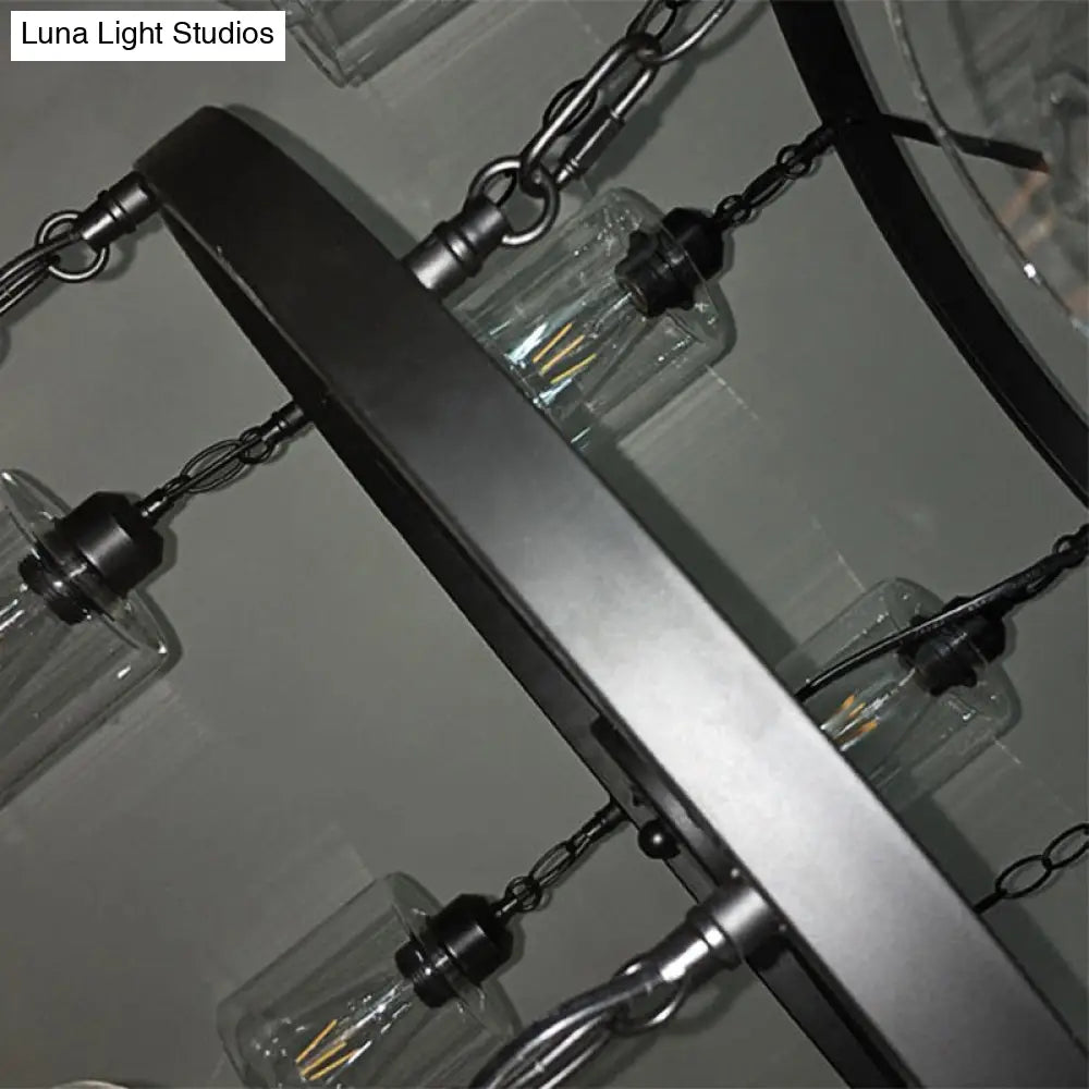 DecorBites™ Industrial Pendant Chandelier: 2-Tier Wheel Multi-Light Lamp with Clear Glass, Black Finish, and Cylinder Shade