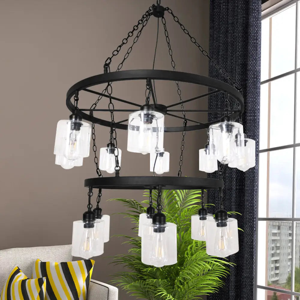 DecorBites™ Industrial Pendant Chandelier: 2-Tier Wheel Multi-Light Lamp with Clear Glass, Black Finish, and Cylinder Shade