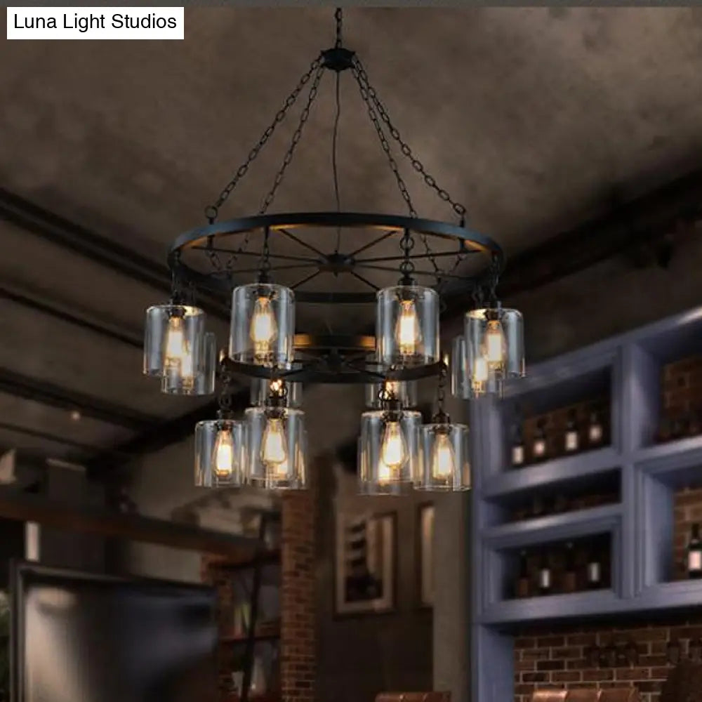 DecorBites™ Industrial Pendant Chandelier: 2-Tier Wheel Multi-Light Lamp with Clear Glass, Black Finish, and Cylinder Shade
