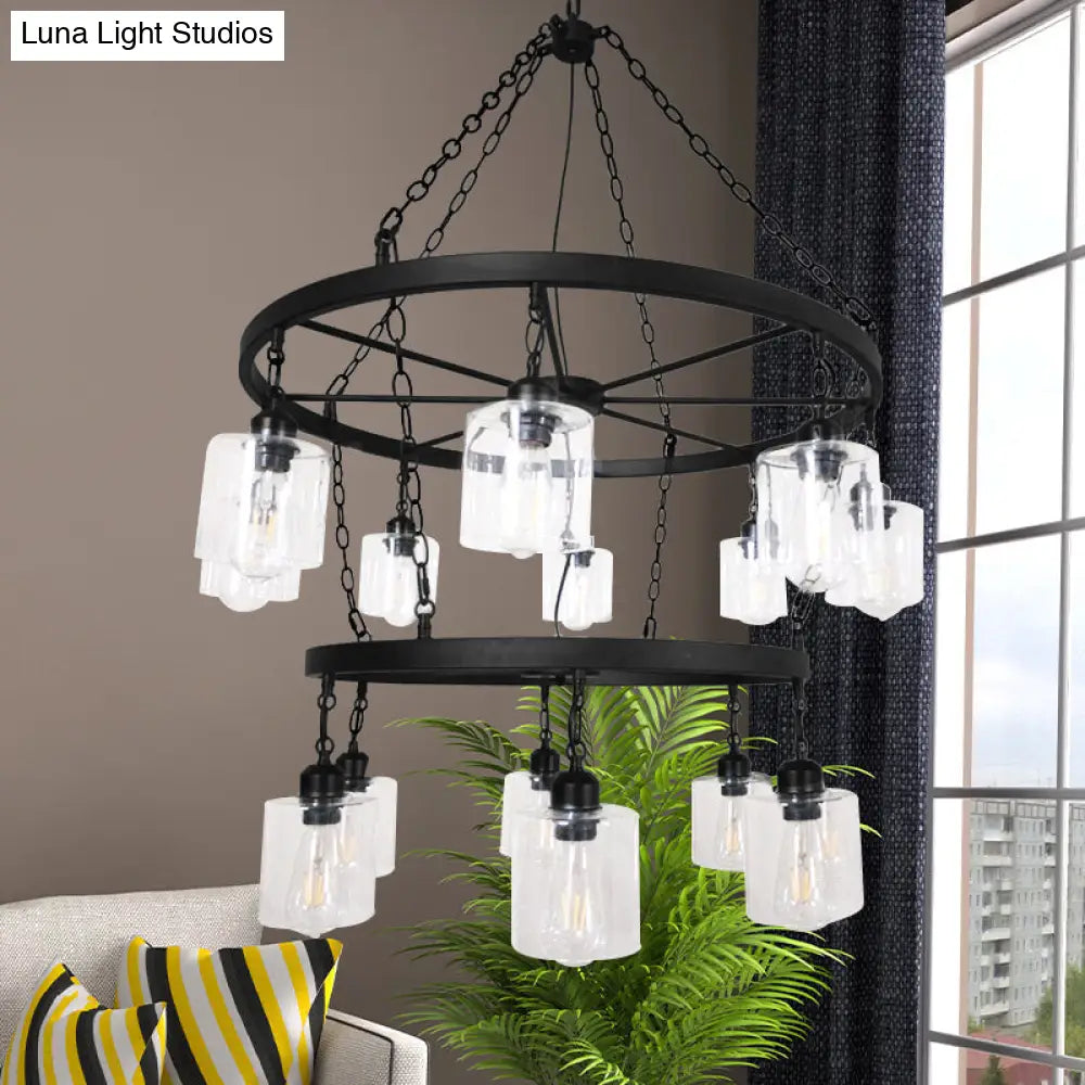 DecorBites™ Industrial Pendant Chandelier: 2-Tier Wheel Multi-Light Lamp with Clear Glass, Black Finish, and Cylinder Shade