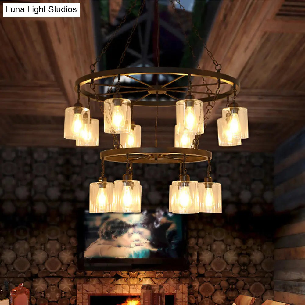 DecorBites™ Industrial Pendant Chandelier: 2-Tier Wheel Multi-Light Lamp with Clear Glass, Black Finish, and Cylinder Shade