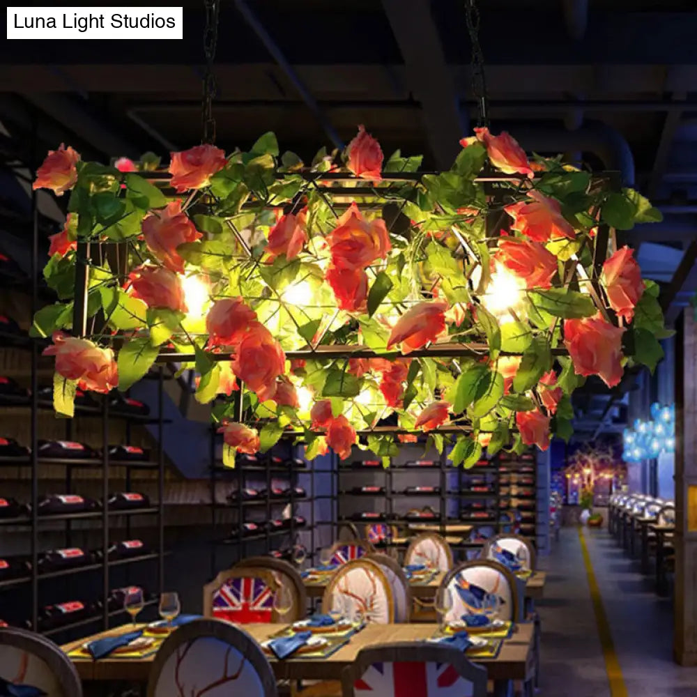 DecorBites™ Industrial Rectangular Metal Black Island Pendant Light with 4 Bulbs and LED Ceiling Suspension