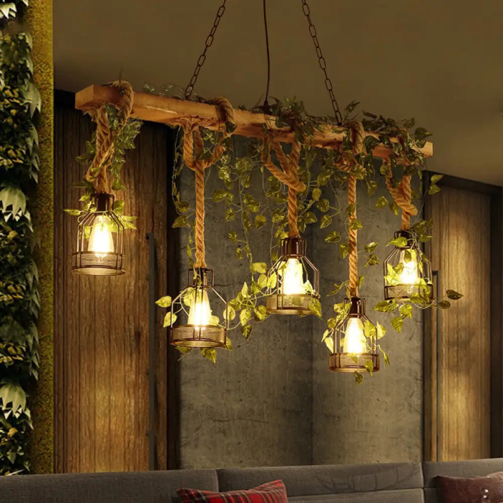 DecorBites™ Industrial Style Wood Pendant Light with Cage Shade - Island Linear Chandelier Beige
