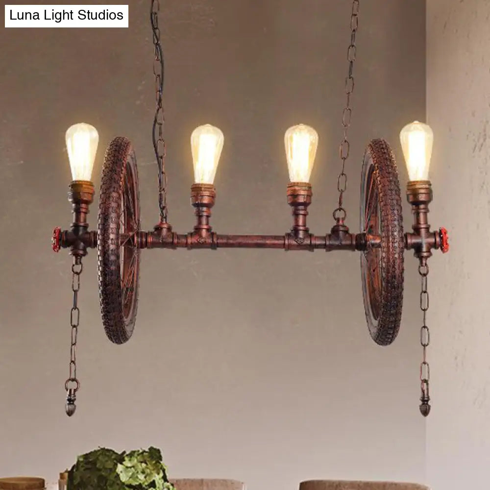 DecorBites™ Industrial Weathered Copper Wheel 4-Bulb Hanging Light Kit for Dining Room Island