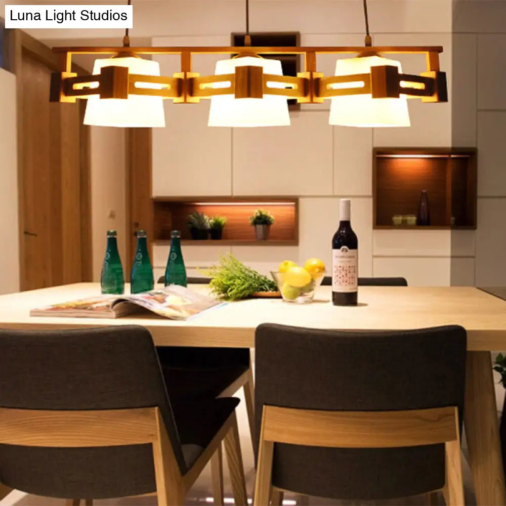 DecorBites™ Japanese Hanging Light: Trapezoid Cream Glass, 3-Bulb Pendant for Dining Room or Kitchen Island, Wood Base