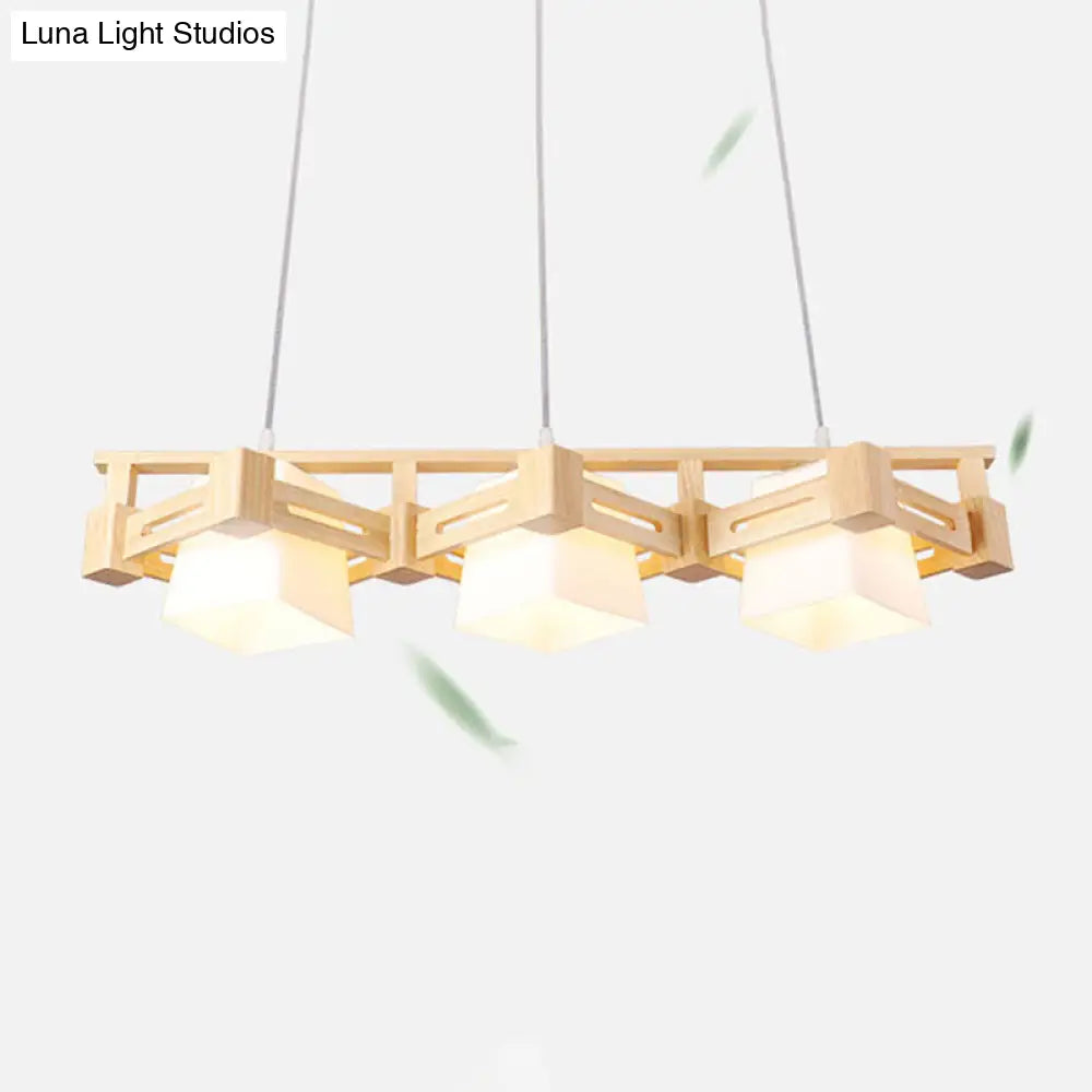 DecorBites™ Japanese Hanging Light: Trapezoid Cream Glass, 3-Bulb Pendant for Dining Room or Kitchen Island, Wood Base