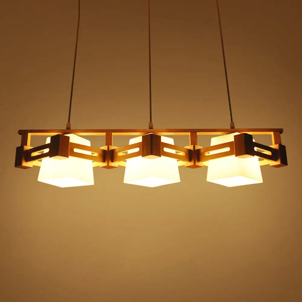 DecorBites™ Japanese Hanging Light: Trapezoid Cream Glass, 3-Bulb Pendant for Dining Room or Kitchen Island, Wood Base