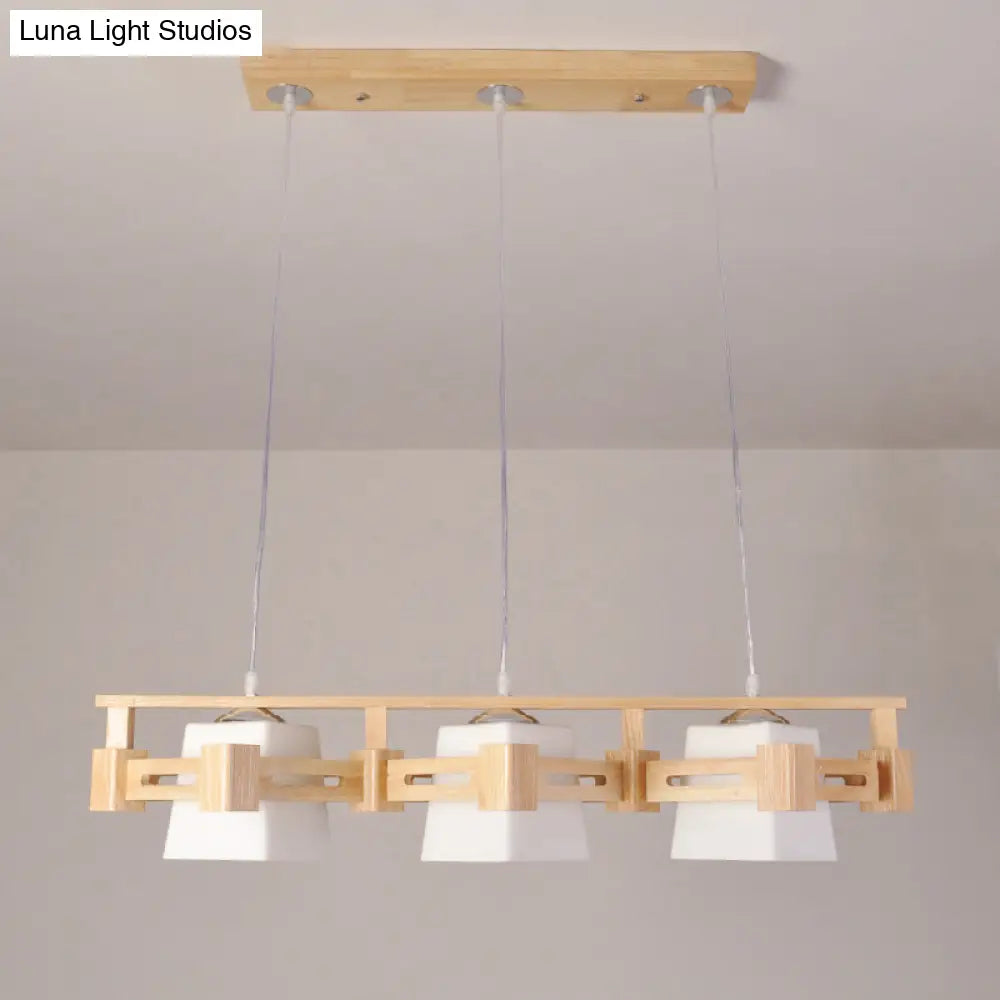 DecorBites™ Japanese Hanging Light: Trapezoid Cream Glass, 3-Bulb Pendant for Dining Room or Kitchen Island, Wood Base