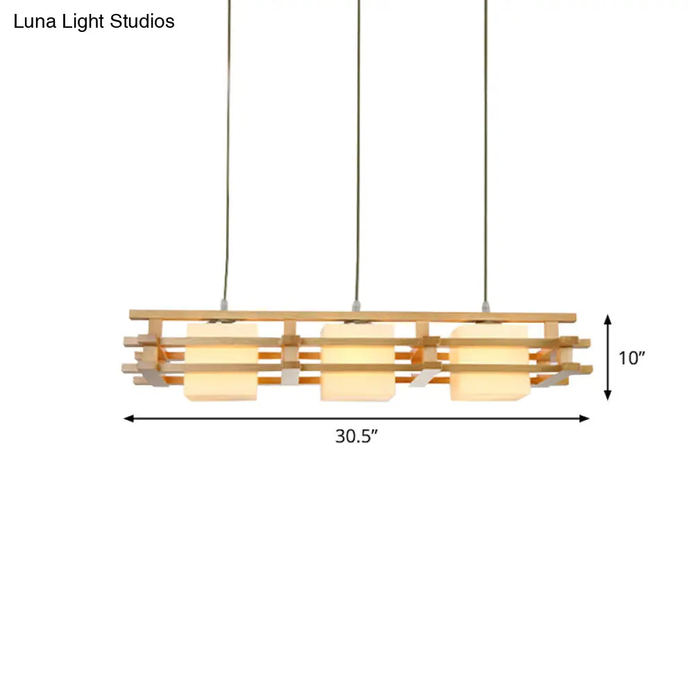 DecorBites™ Japanese Wood Ceiling Pendant with Blown Glass: Cube Restaurant Island Light Fixture - 3 Bulbs