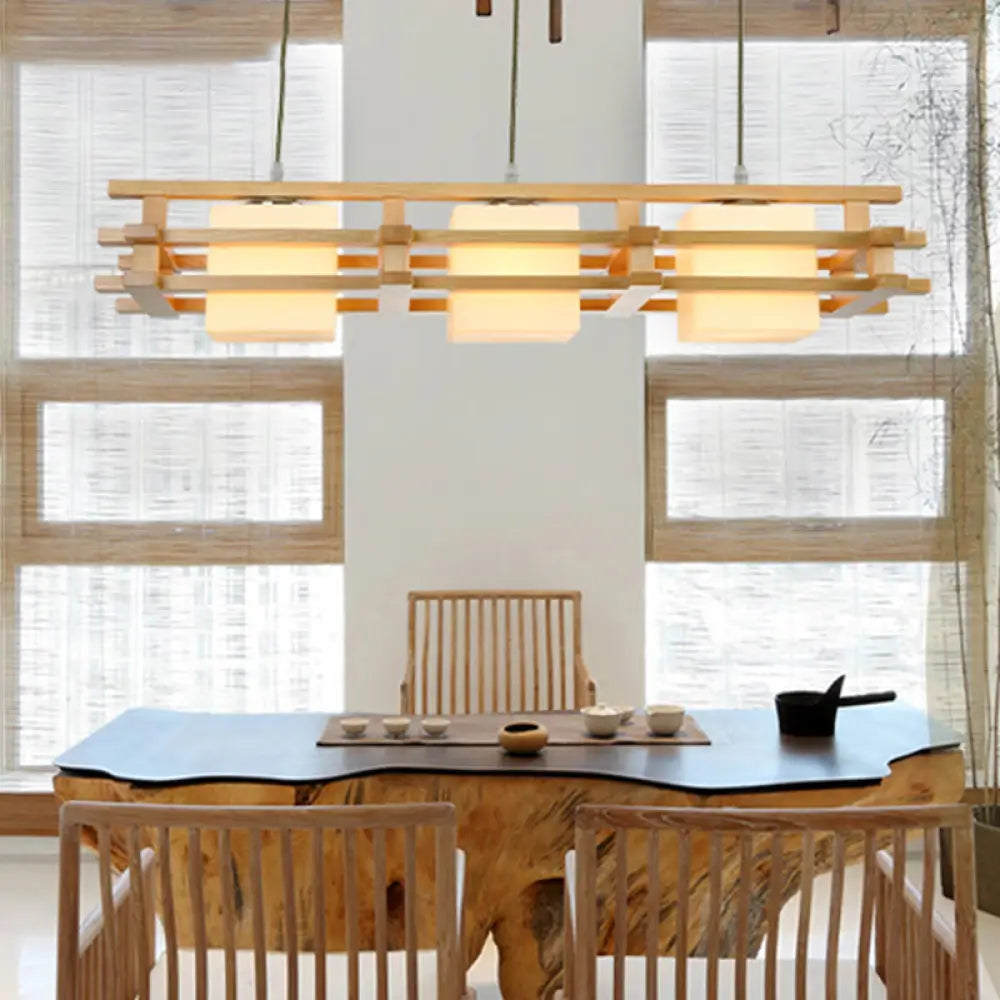 DecorBites™ Japanese Wood Ceiling Pendant with Blown Glass: Cube Restaurant Island Light Fixture - 3 Bulbs