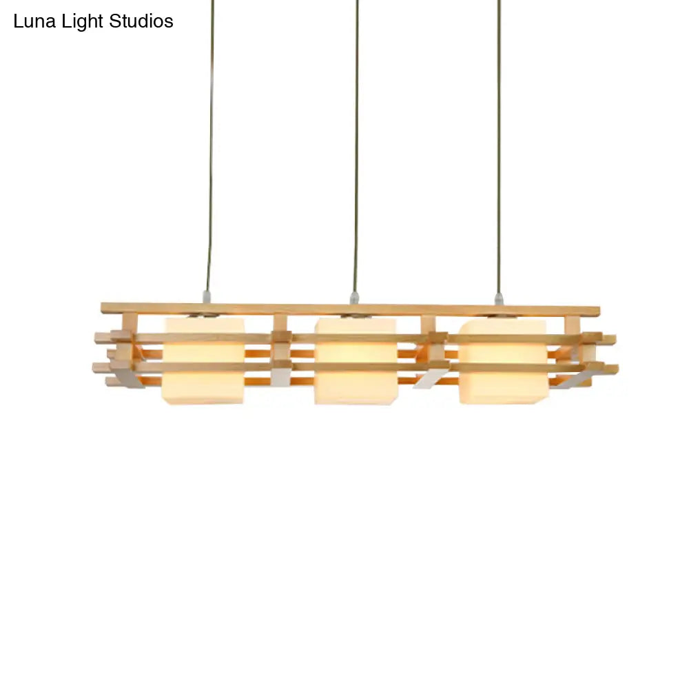 DecorBites™ Japanese Wood Ceiling Pendant with Blown Glass: Cube Restaurant Island Light Fixture - 3 Bulbs