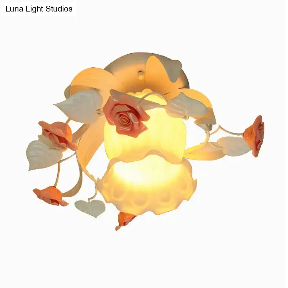 DecorBites™ Korean Garden Ruffle Semi Flush Mount Lamp - Elegant Flower Deco, White Frosted Glass Ceiling Light